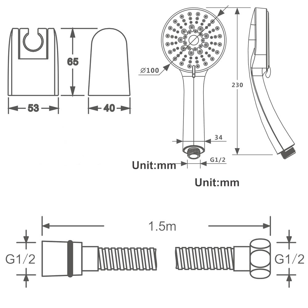 Alcachofa de Ducha Oro Cepillado con 5 Modos de Chorro, Cabezal de Alta Presión con Soporte y Flexo INOX de 1,5m, Duchas de Baño para Baño y Bañera, Ideal para Familias y Hoteles