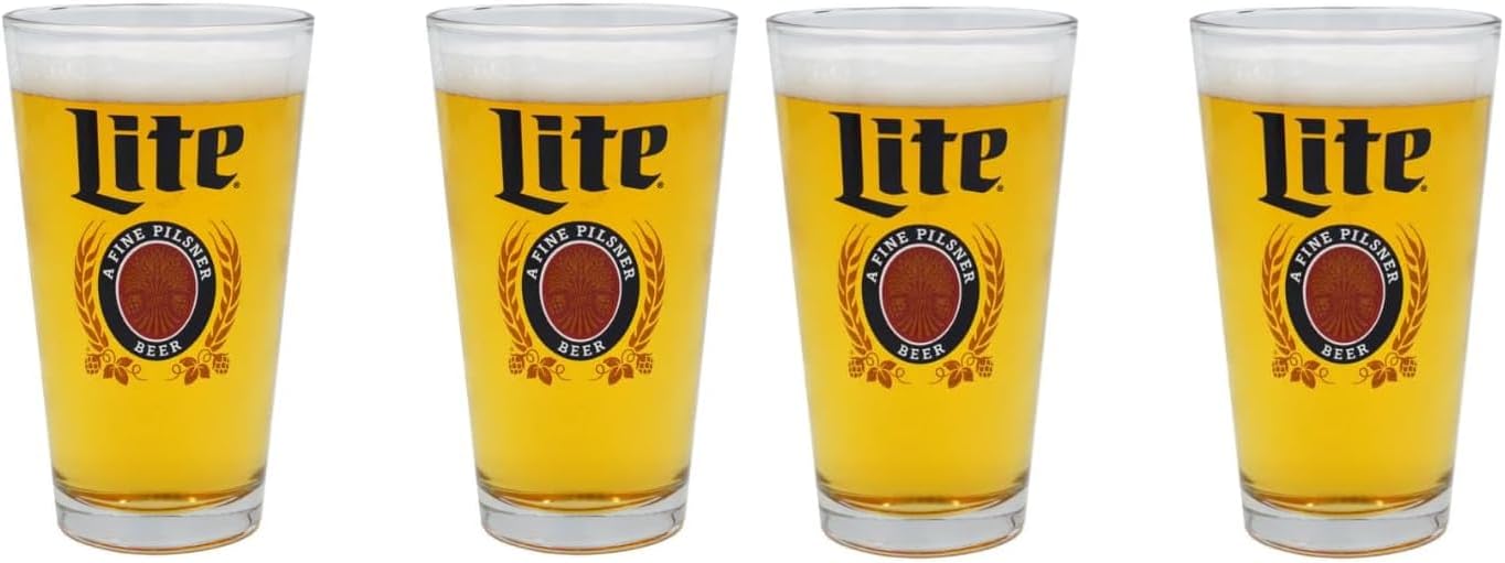 Miller Lite Pint Glass Set, Fine Pilsner Beer Glasses, 16 oz, Set of 4
