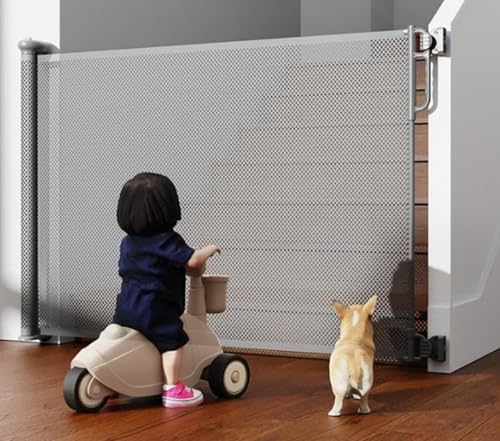 【TTBD】ベビーゲート 階段上 キッチン セーフティゲート メッシュ ペットガード 階段上 子供 キッズ 穴開け不要 バリアフリー ペットフェンス 巻き取り式 犬 猫 安全ゲート 育児用品 幼稚園 間仕切り 室内設置 多用途 (グレー)