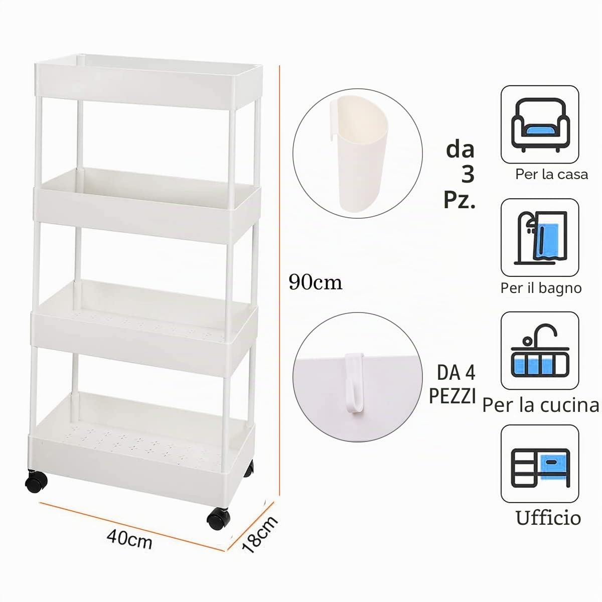 Carrello portaoggetti sottile a 4 ripiani, con rotelle, per cucina, bagno, lavanderia, ufficio (bianco 01)