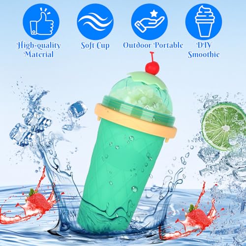 CIOXSOIO DIY Slush Becher, Silikon Squeeze Cup mit 2-in-1 Strohhalm und Löffel, Slush Eis Becher zum Kneten Smoothie Pinch Ice Cup, DIY Slushy Maker Cups, Hellgrün – Bild 3