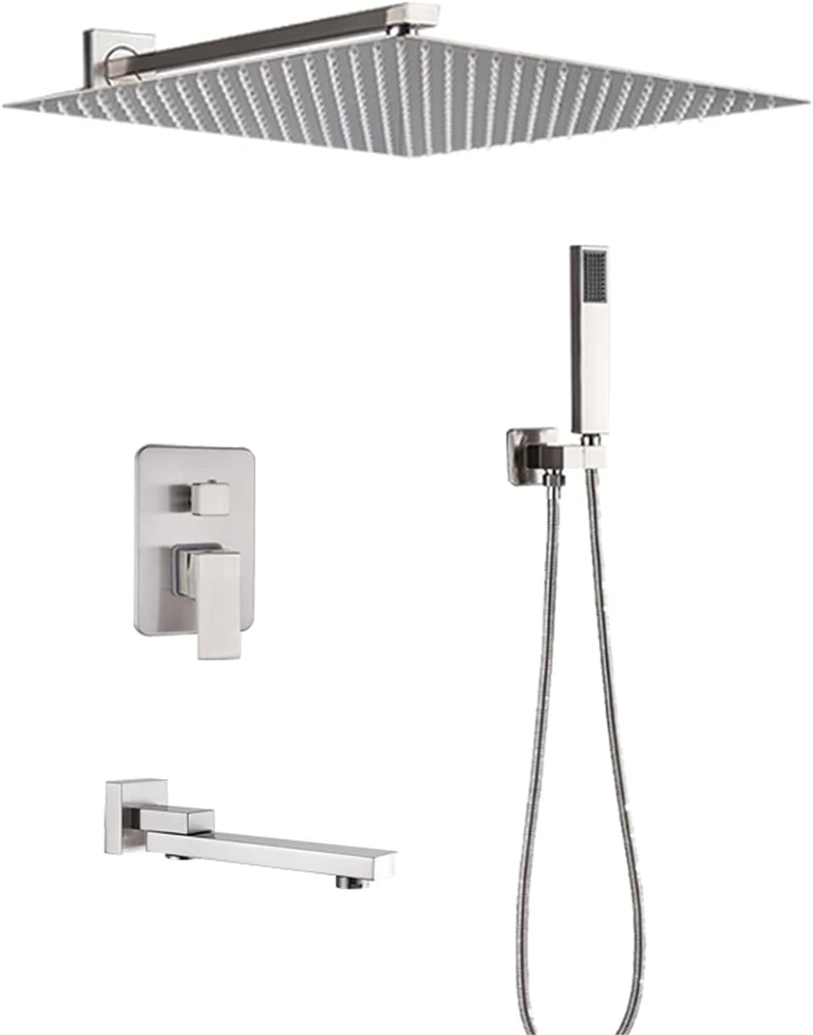 Shower System with 8-12 Inch Square Shower Head and Handheld Bathroom Rainfall Wall Mounted Shower Faucet Set Contain Shower Faucet Mixer Valve and Trim Kit,2 Ways 16inch (Size : 2 Ways 16inch)