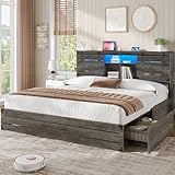 VIAGDO Wooden Bed Frame King Size with Bookcase Headboard and Sliding Barn Door, Farmhouse King Bed Frame with Charging Station, LED Lights and 4 Storage Drawers, No Box Spring Needed, Grey