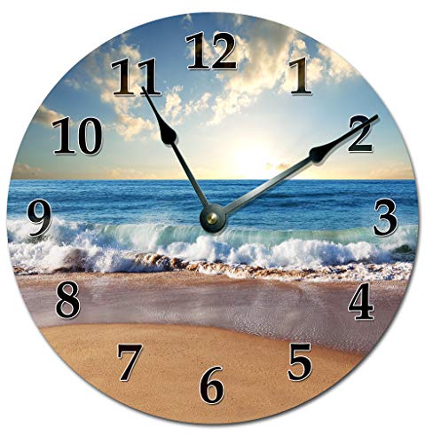 Sugar Vine Art Ocean Waves On Shore Silent Non Ticking Round Battery Operated Handmade Hanging Large 15.5 Inch Wall Clock for Bedroom Office Cottage Decoration