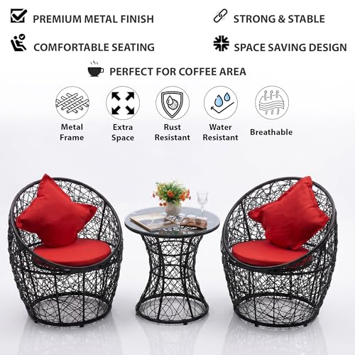Image of OUTLIVING Outdoor Two Seater Rattan & Wicker Conversation Mudda Set | UV & Water Resistant Patio & Garden Furniture Set with 4 Cushion, 2 Chairs & Center Table with Glass Top| Black & Red
