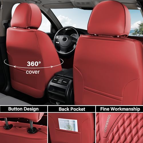 Image of Coverado Car Seat Covers Full Set, Waterproof Nappa Leather Seat Covers for Cars, Front and Back Car Seat Protector, Luxury Car Seat Covers, 5 Seats Universal Red Car Seat Cover Fit for Most Cars