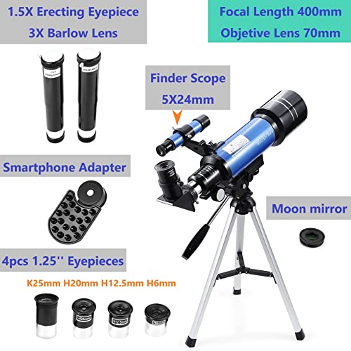MaxUSee 70mm Telescope for Kids & Astronomy Beginners, Refractor Telescope with Tripod & Finder Scope, Portable Telescope with 4 Magnification eyepieces & Phone Adapter Blue - Thumbnail 3