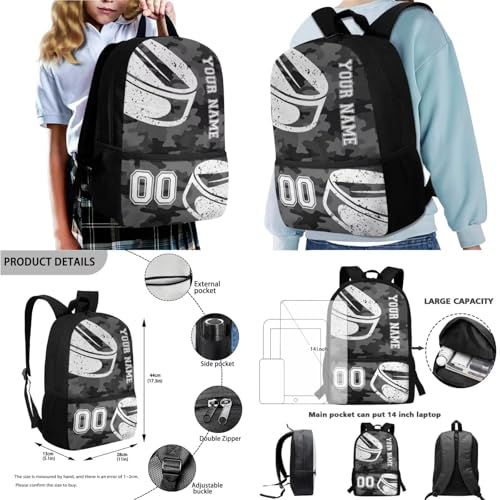 Camo Hockey Print Backpack Set for Boys 6-10, Customzied School Backpack Set with Lunch Bag Pencilcase Water Bottle Sling Bag Personalized Name Knapsack Bookbag Set, Gray2