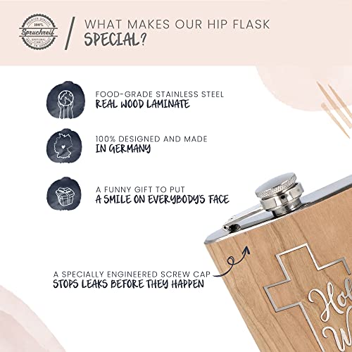 Spruchreif | Engraved Stainless Steel Hip Flask | Wooden Hip Flask | Alcohol Flask | Drinking Flask | Gag Gift | Alcohol Gift | Funny Fathers Day Gift | Holy Water #TOP2
