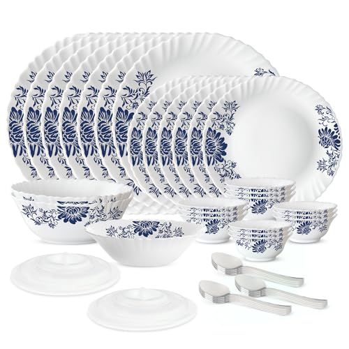 Image of Larah by Borosil 41pc Opalware Silk Series Dinner Set with Steel Spono | for Family of 6 | Microwave & Dishwasher Safe | Bone-Ash Free | Crockery Set for Dining & Gifting | Plates & Bowls (Leona)
