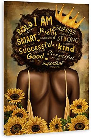 Black Queen Wall Art Africa America Inspirational Poster Yellow Sunflowers Motivational Black Art African American Wall Art Black Girl Canvas Paintings Black Women Wall Decor for Living Room Kitchen Bathroom, 16x24inch Unframed