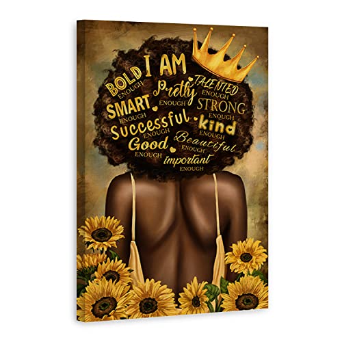 Black Queen Wall Art Africa America Inspirational Poster Yellow Sunflowers Motivational Black Art African American Wall Art Black Girl Canvas Paintings Black Women Wall Decor For Living Room Kitchen Bathroom, 16X24Inch Unframed #TOP1
