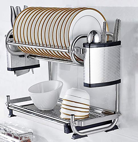 SBCGFY Dish Drying Rack,2-Tier Dish Rack With Utensil Holder,Knife Holder And Dish Drainer For Kitchen Counter Or Wall Mounted,304 Stainless Steel Dish Dryer,
