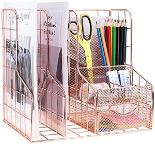 MORIGEM Multifunctional Desk Organiser, Rose Gold Desk Drawer Accessories, Metal Magazine File Holder Cabinet with 5 Vertical Compartments for Home School Office Supplies
