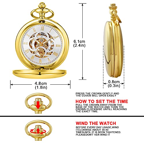 Image of Mens Pocket Watch Skeleton Mechanical Hand Winding Half Hunter Silver Black Golden Case Roman Numerals with Gift Box