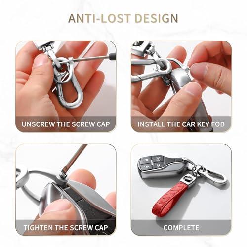 Image of Gkeygo Carabiner Keychain, Universal Heavy Duty Woven Handmade Leather Key Chain, Car Fob Key Keychains with 360 Degree Rotatable Snap Swivel and Anti-Lost D-Ring for Men and Women, Silver - Red