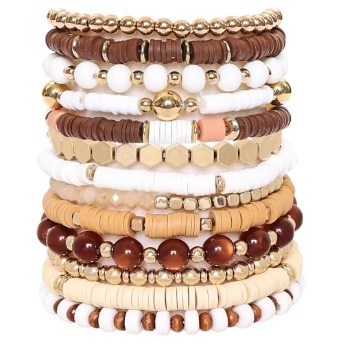 13pcs Surfer Trendy Heishi Clay Bead Bracelets Boho Beaded Stretch Bracelets for Women Bohemian Stackable Gold Beaded Elastic Layering Friendship Bracelets Set Summer Beach Boho Jewelry Gift