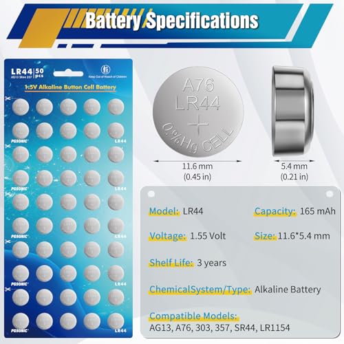 PGSONIC 50 Pack LR44 Batteries, 1.5 Volt Alkaline Button Cell Batteries with Long Lasting Power4
