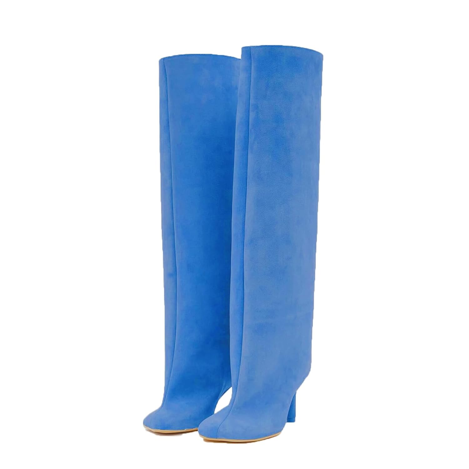 Women Suede Knee High Boots Square Toe Kitten Heel Riding Boots Pull On Wide Calf Stiletto Long Booties