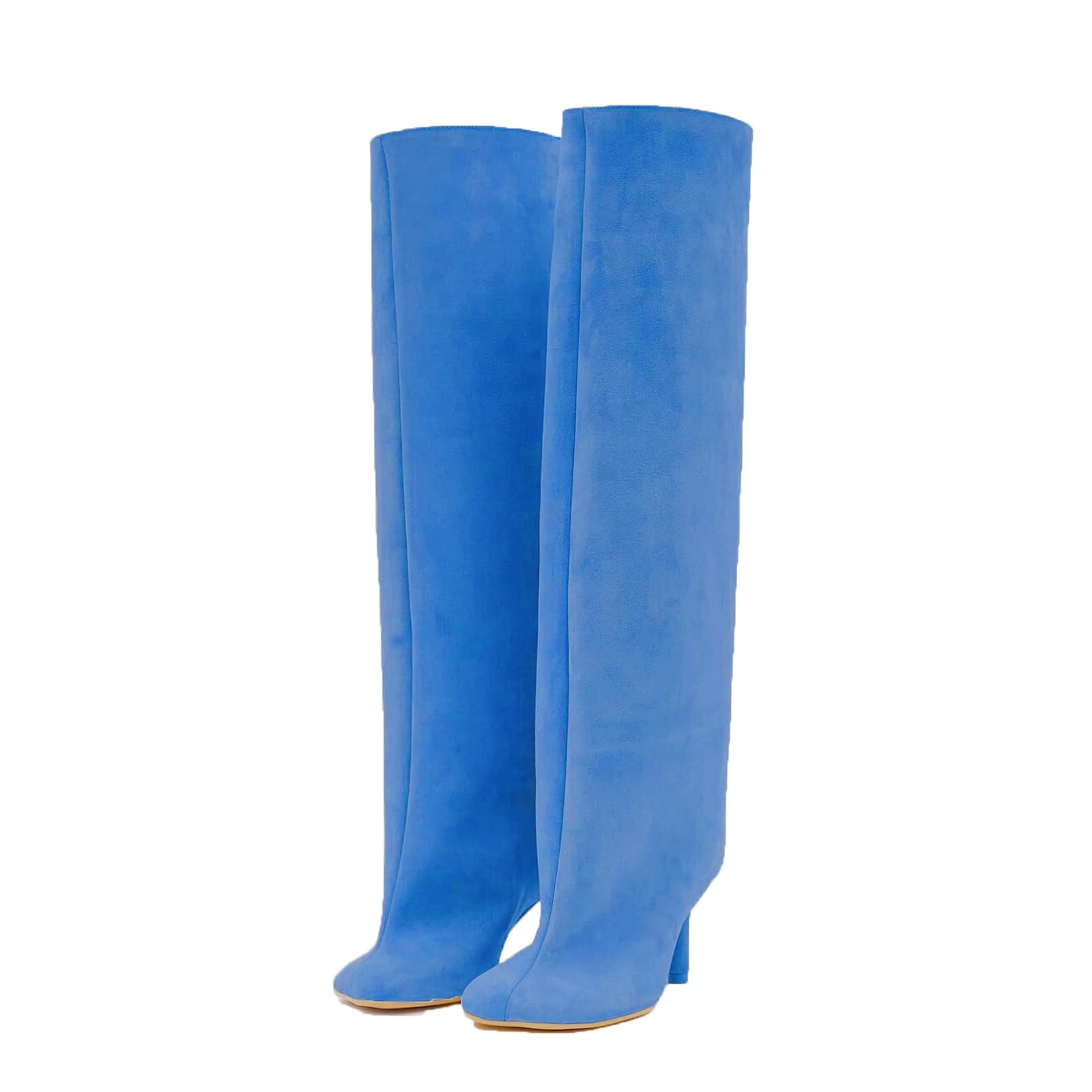 Women Suede Knee High Boots Square Toe Kitten Heel Riding Boots Pull On Wide Calf Stiletto Long Booties