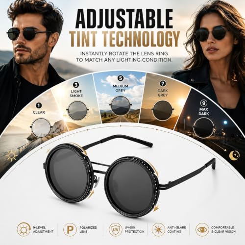 Image of Glaceon 1-9 Gears Adjustable Tint Sunglasses, Rounded Polarized Glasses with ND Filter Lenses, Polarized Sunglasses for Men, Lightweight Sun Glasses with UV Protection for Driving Fishing