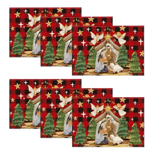 Artoid Mode Buffalo Plaid Kogiya Shepherd Christmas Placemats Set of 6, 12x18 Inch Winter O Holy Night Xmas Table Mats for Party Kitchen Dining Decoration