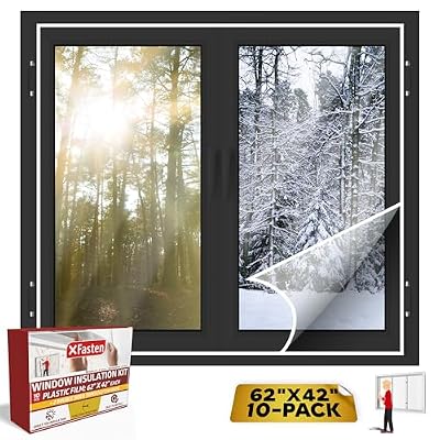 XFasten Window Insulation Kit Clear Plastic Window Covering, Window Insulation for Summer Heat Window Insulation Film for Heat and Cold- Includes Window Seal Tape (62-Inch x 42-Inch (10-Pack))