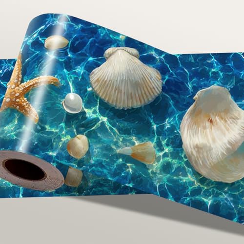 IOHEFY Beach Seashell Wallpaper Border 196x4 Inch Removable Wall Border Peel and Stick Ocean Starfish Shell Design for Bathroom Bedroom Living Room Kitchen Wall Trim Decor Coastal Nautical Style