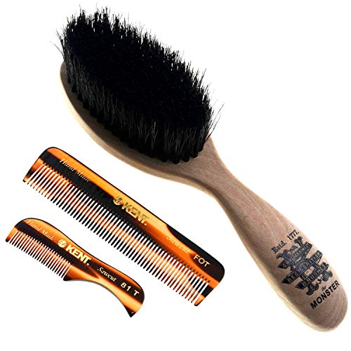 Beard & Mustache Set of Kent BRD5 Boar Bristle Beard Brush + Kent 81T Handmade Sawcut Comb + Kent A FOT Handmade All Fine Tooth Saw Cut Beard Comb - Grooming & Trimming Kit for Men Care