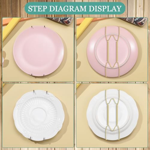 Image of Hotop 12 Pieces Plate Hangers for Wall Stainless Steel Wire Invisible Heavy Duty Plate Hangers Display Holders with 12 Pieces Hooks for Wall Decorative(8 /10 /12 Inch,Gold)