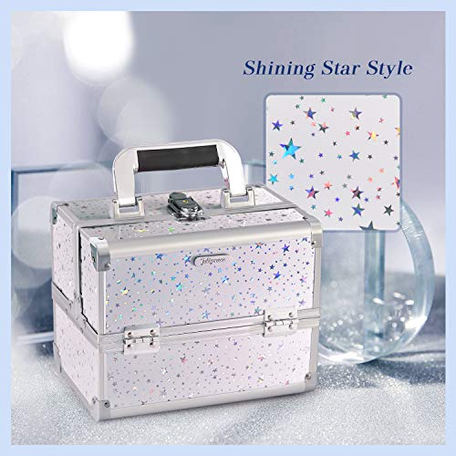 Joligrace Makeup Train Case Cosmetic Storage Jewelry Organizer Lockable With Keys And Mirror 2-Tier Tray Portable Carrying With Handle Travel Storage White Star #TOP1