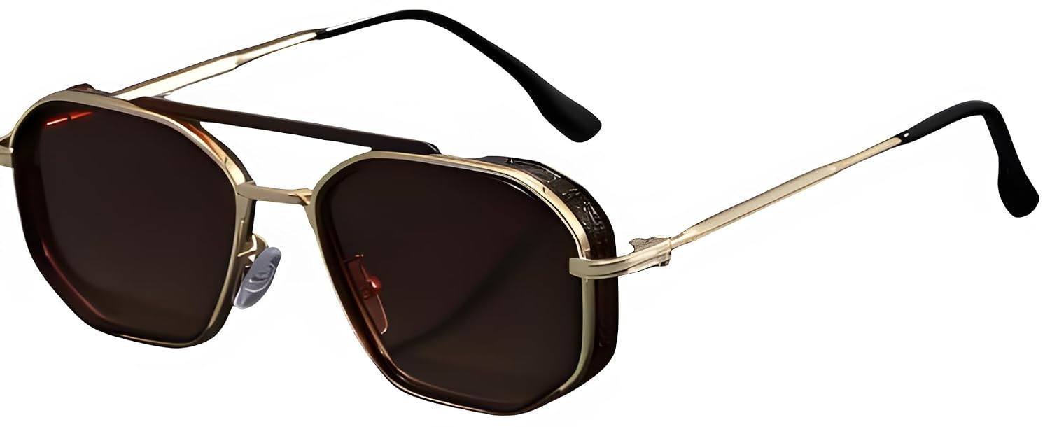 Roshfort Unisex Hexagon PATHAN SRK Choise Sunglasses Gold Metal Frame, Sleek Black lens UV protection, perfect for Men's a...