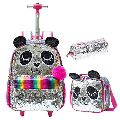 CUTBLAJAT Mochilas de Rodinhas Infantis lantejoulas prateadas - Kit com Lancheira e Estojo - Estilo Princesa Panda (cores do arco-íris)