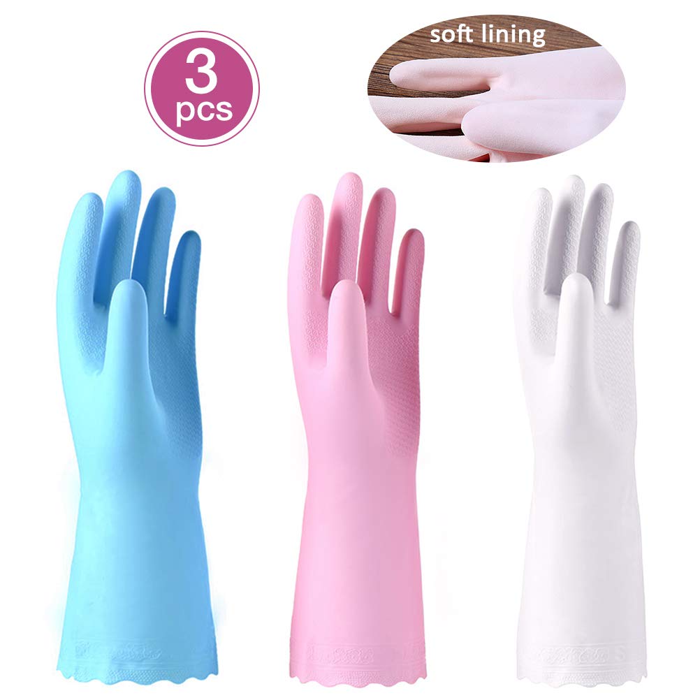 3 Pack Reusable Cleaning Gloves Latex Free - Dishwashing Gloves with Cotton Flock Liner and Embossed Palm - Waterproof Household Gloves for Laundry, Gardening (Small)