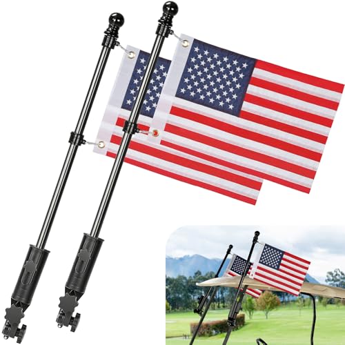 2 Pack Golf Cart Flag Holder and Flag Pole,Mount Kit,Fit for Yamaha, Club Car, EZGO Golf Cart/Golf Push Cart/Boat/Bike,Heavy Duty Aluminium Alloy Base Windproof Bracket,Included USA Flag(Black
