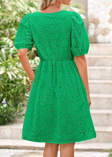 Image of KIRUNDO Eyelet Summer Dresses for Women 2025 Short Sleeve Tie Front Babydoll A Line Wedding Guest Beach Vacation Sundress