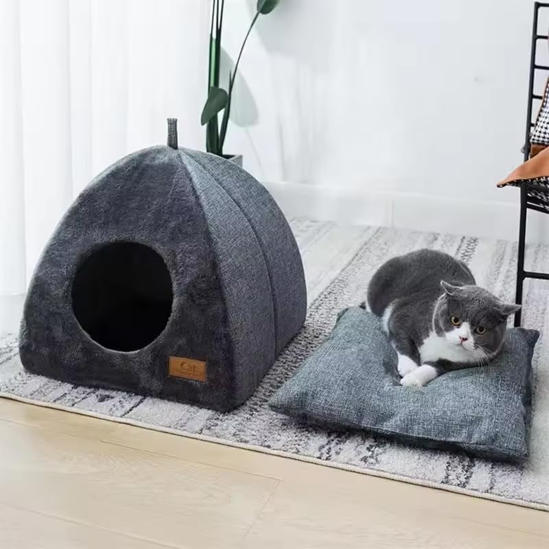 Gokich Cat Beds for Indoor Cats - 2 in 1 Cat Cave for Kittens and Small Pets, Foldable Cat House Tent with Removable Washable Cushioned Pillow, Cat Hideaway with Non-Slip Bottom, Grey (Design_1) 4