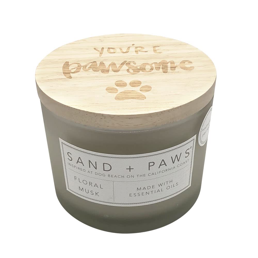 Sand + Paws Floral Musk Scented Candles | Made with Essential Oils | 2 Wicks - 100% Cotton Lead-Free | Neutralizes Pet Odor | 12 oz | Carved Wood lid "You're Pawsome"