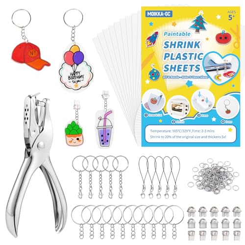 MOIKKA-GC 158 Pcs Shrink Paper Keychain Kit with 32 Pcs 7.9x5.7 Shrinky Plastic Sheets Hole Punch Jump Rings Lobster Clasps Charging Charms DIY Crafts for Adults and Teens