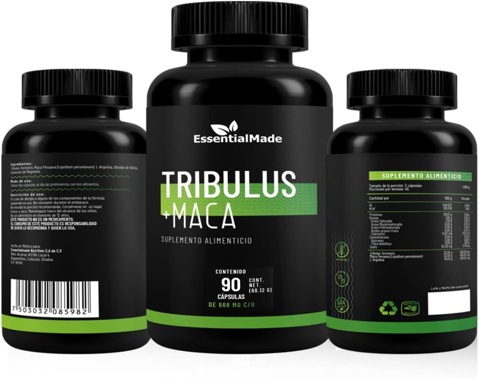 ESSENTIALMADE Tribulus Maca 90 Capsulas Suplemento Sin Gluten No Azucar