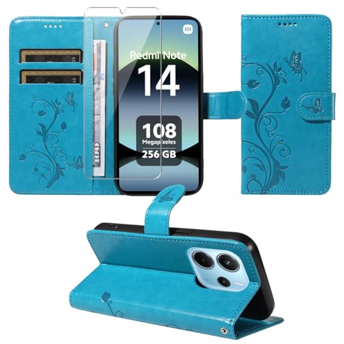Funda Compatible con Xiaomi Redmi Note 14 4G EU Versión (No para 5G), con 1 Pieza Vidrio Templado Protector de Pantalla, Cuero PU y Libro Movil Carcasa, Función de Soporte y Billetera Caso - Azul
