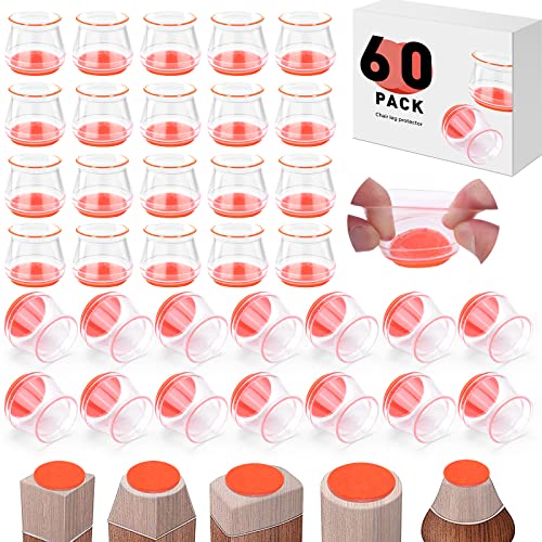 HADBER 60pcs Chair Leg Floor Protectors Silicone Covers for Hardwood to Protect Floors Felt Bottom, Non-Slip Protector Orange Pads Caps to Scratches and Reduce Noise, Free Moving Leg Covers