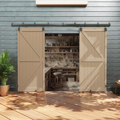JUBEST 14FT Box Rail Exterior Barn Door Hardware Kit, Heavy Duty Sliding Door Track Kit Wall Mount Door Hardware Kit for Two Doors System(Doors Not Included), Black by JUBEST - Used condition - US$105.55