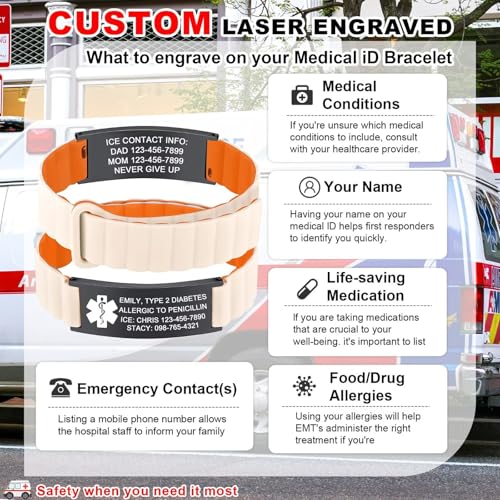 Comfortable Custom Medical Alert Bracelets for Women Men, Personalized Engraved Medical Bracelet with Adjustable Magnetic Silicone Strap, Waterproof Diabetic Wristband Id Bracelets for Sports4