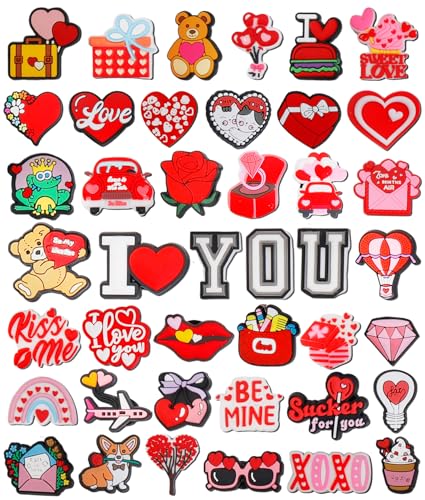QAUYETM 42Pcs Valentines Cute Shoe Decoration Charms Kit Trendy Shoe Charms for Women Girls Adults Valentine PVC Shoe Charms with Love Heart Animals and Letters Perfect Gifts for Party Holiday