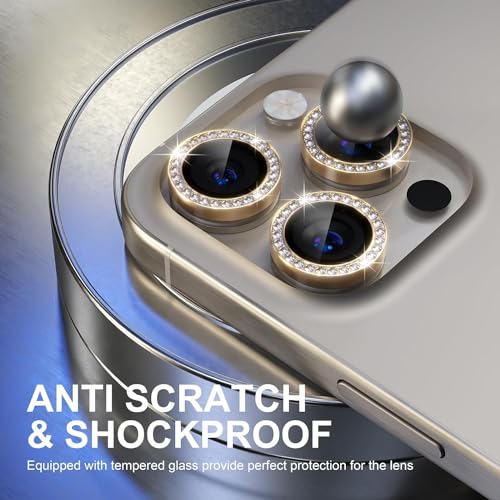 Image of inchiPhone 15 Pro / 15 Pro Max Camera Lens Protector Ring - Premium 9H Tempered Glass Lens Guard, Anti-Scratch, Anti-Drop, HD Clear Camera Lens Cover for Ultimate Protection and Durability inch Diamond gold