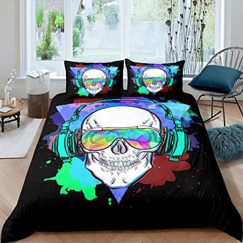 Juego de Funda de edredón de Calavera de azúcar de Calavera Punk Rocker,Juego de Ropa de Cama niños niñas,Funda de edredón Colorido teñido Anudado,Individual