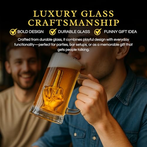 Image of Middle Finger Beer Glass Muf with Handle - Tall Drinking Glasses for Beer, Whiskey, Cocktails, Funny Gag Gift for Him, Men Holiday, Birth Day, Birthday, 12.5 oz Thick Glassware, Tall Glass for Men