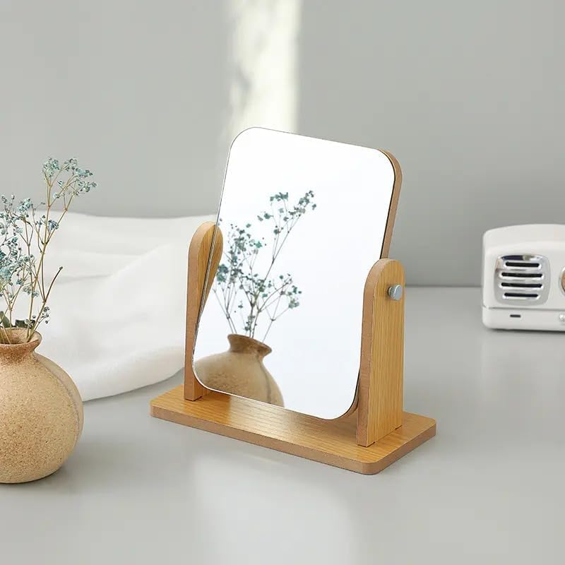 Eco Friendly Wooden Makeup Mirror 360° Adjustable Square Vanity Mirror with Wooden Stand for Tabletop Bedroom & Dressing Table Use