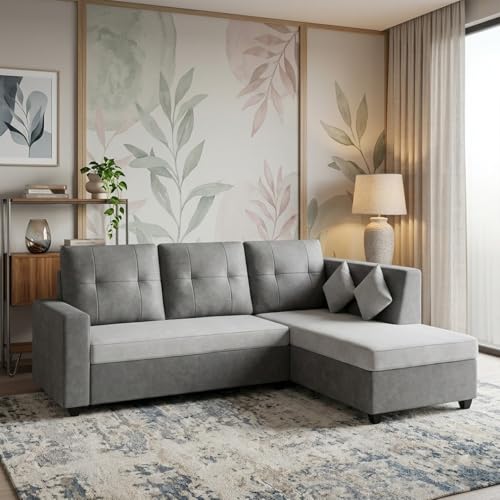 Image of FURNY Nathan 4 Seater L Shape Sofa Set RHS (Light Grey-Dark Grey) | Suede Velvet Finish | Durable Comfort Sofa for Modern Living Room & Office Spaces